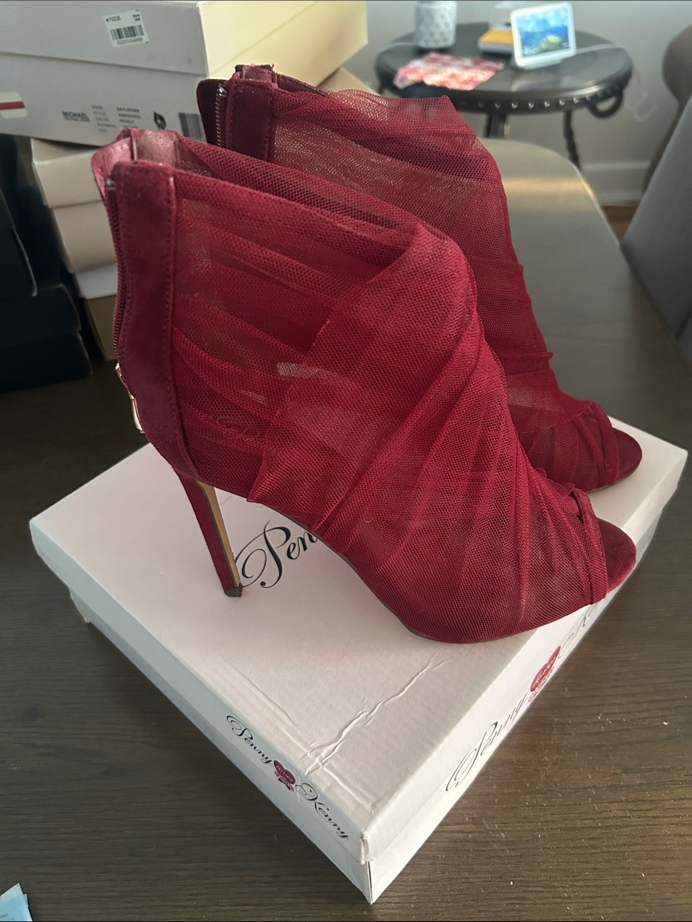 Penny Loves Kenny Burgundy Mesh Peep-Toe Stiletto Booties